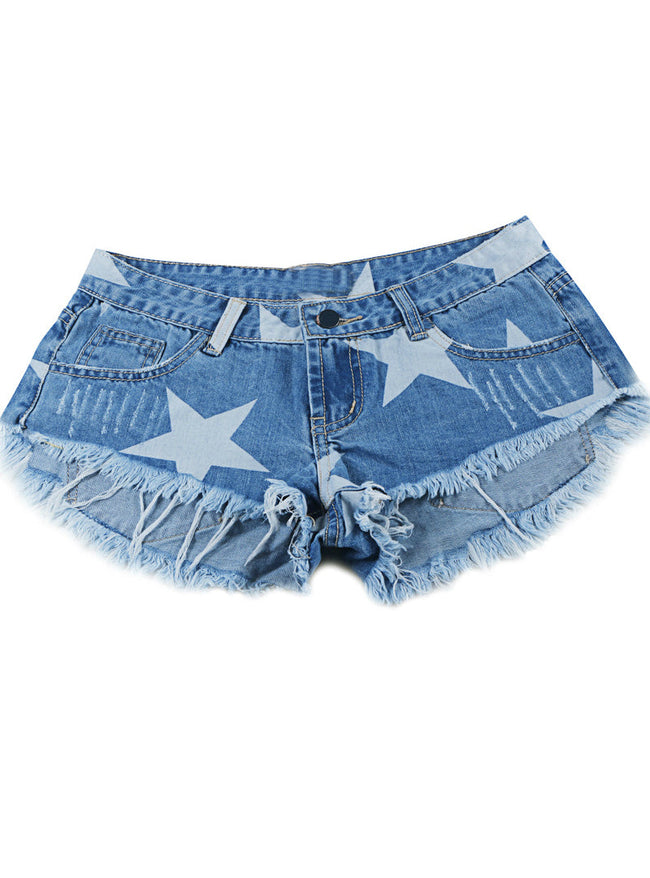 Star-Detail Denim Shorts with Fringe Details Main image