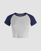 Colorblock Cotton Lapel Cropped Top