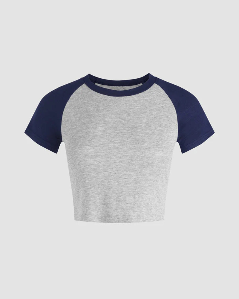 Colorblock Cotton Lapel Cropped Top