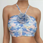 Floral Mesh Contrast-Detail Cropped Top