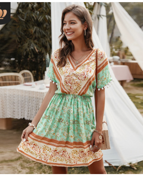 V-Neck Printed Dress with Gathered Details