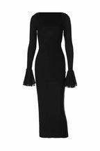 U-Neck Solid-Color Midi Dress with Flared Sleeves
