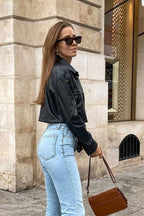 Faux-Leather Cropped Coat with Lapel Collar