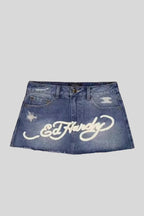 Painted-Graphic Denim Mini Skirt with High Waist
