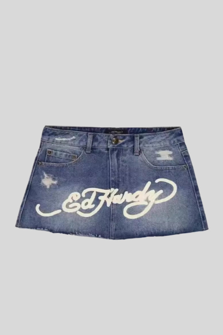 Painted-Graphic Denim Mini Skirt with High Waist