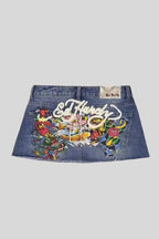 Painted-Graphic Denim Mini Skirt with High Waist