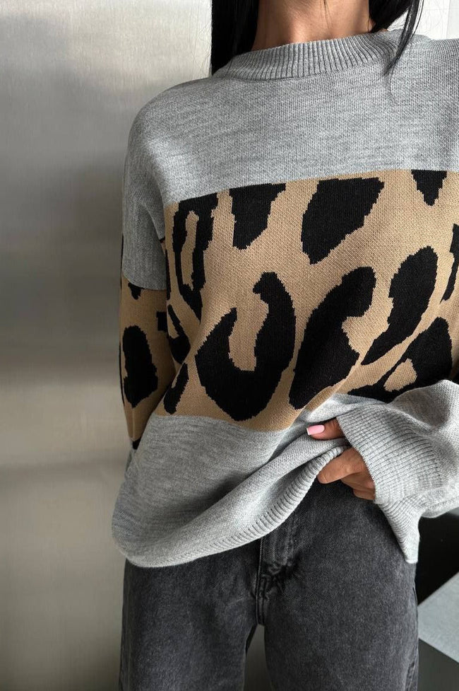 Colorblock Knit Sweater with Leopard Print Main image