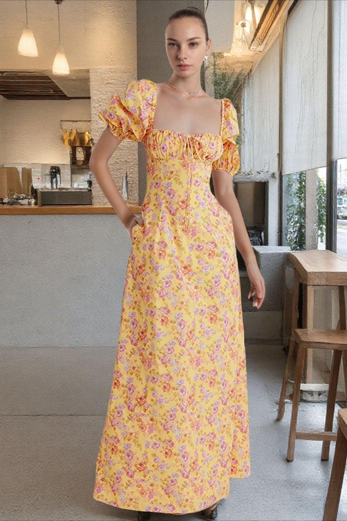 Floral Maxi Dress with Square Neckline