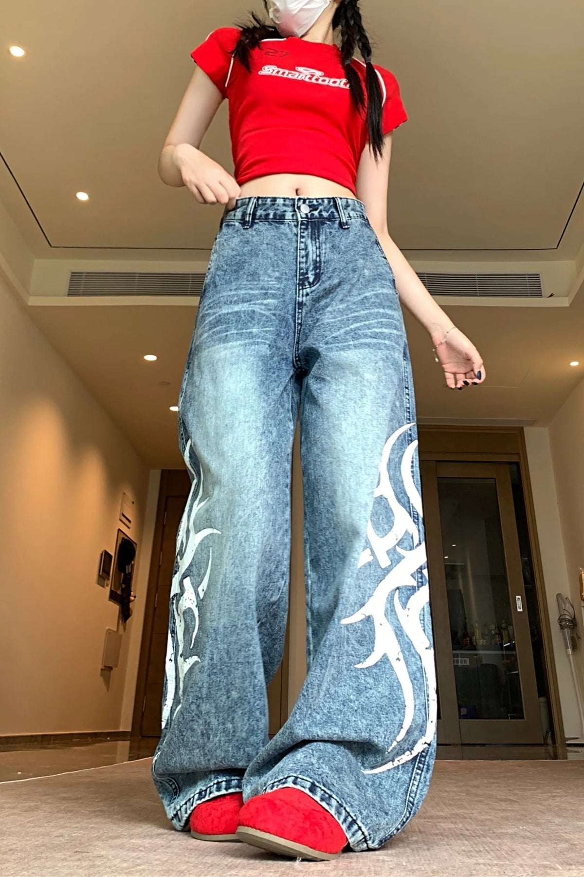 Distressed Straight-Leg Jeans with Print Details