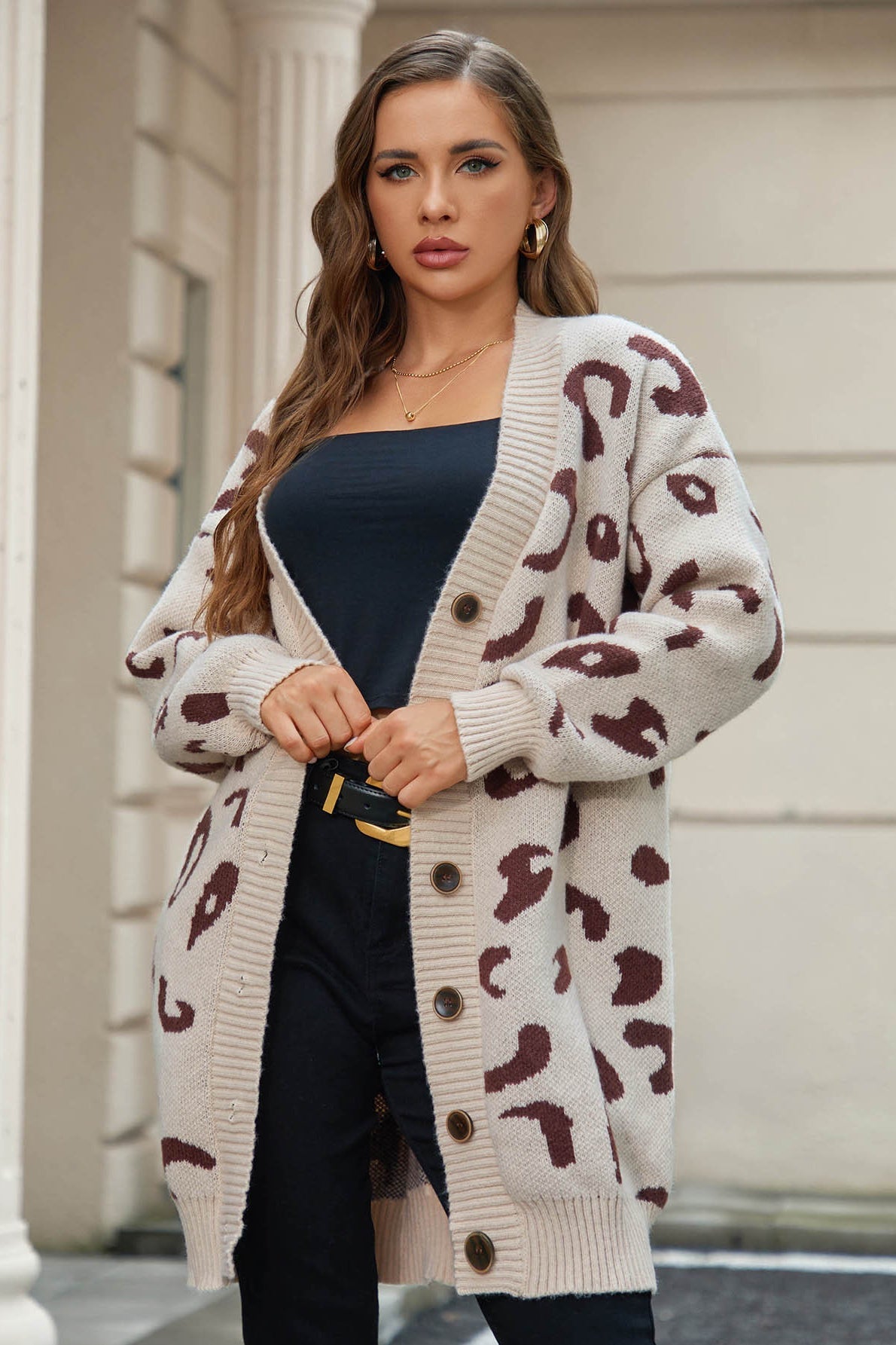 Leopard-Print Relaxed-Fit V-Neck Cardigan