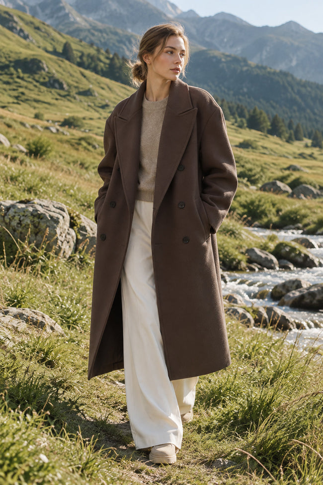 Solid Double-Breasted Turn-Down Overcoat Main image