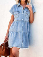 Denim Cotton Dress with Raw Hem