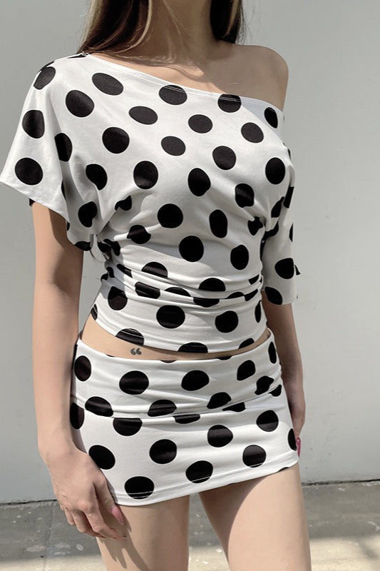 Batwing Polyester Two-Piece Set with Polka Dots