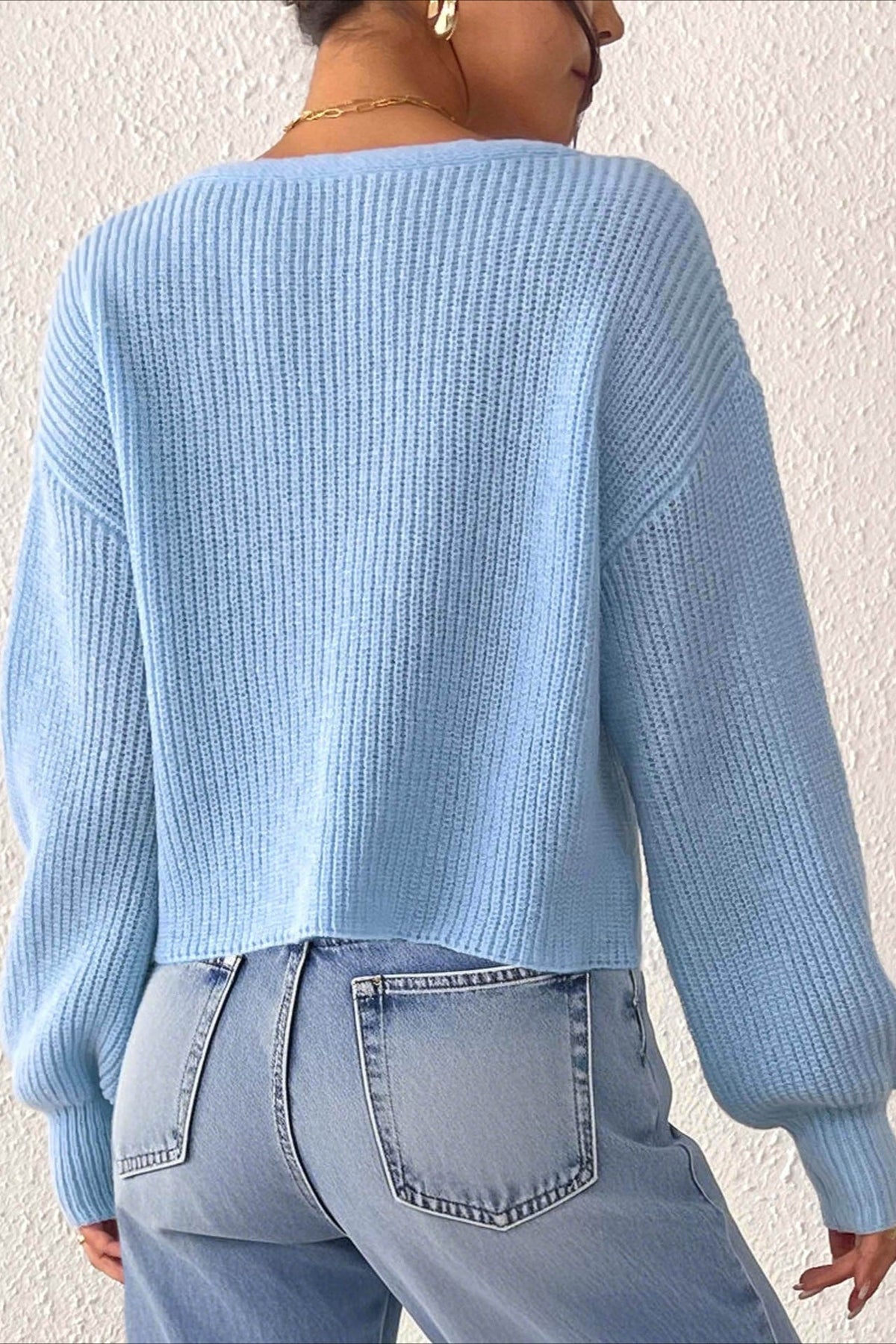 Button Front Crochet Knit Crop Sweater