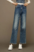 Cotton Polyester Washed Straight-Leg Jeans