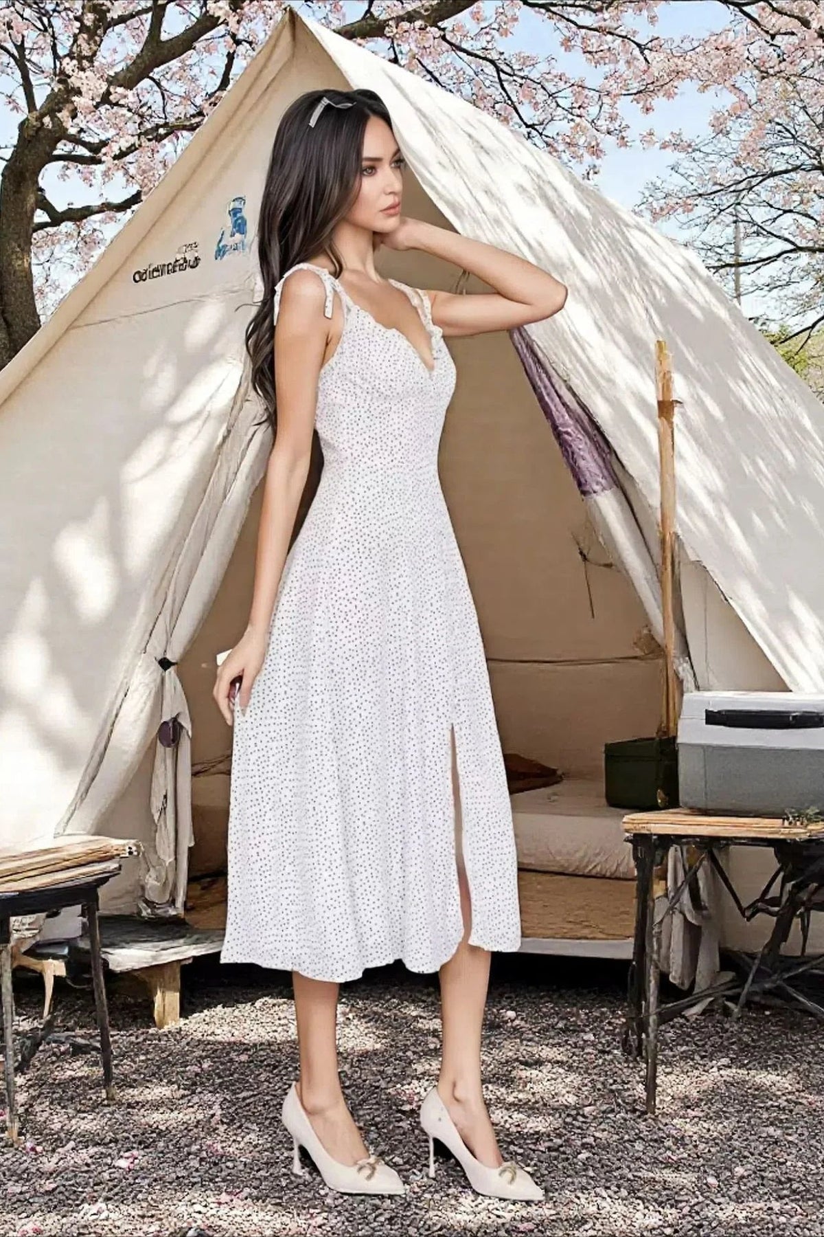 Polka-Dot Open-Back Dress with Halter Neckline