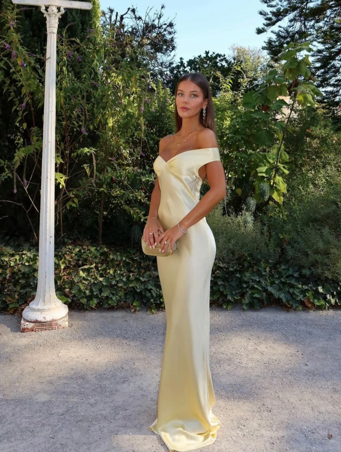 Off-Shoulder Silk Dress with Elasticated Back