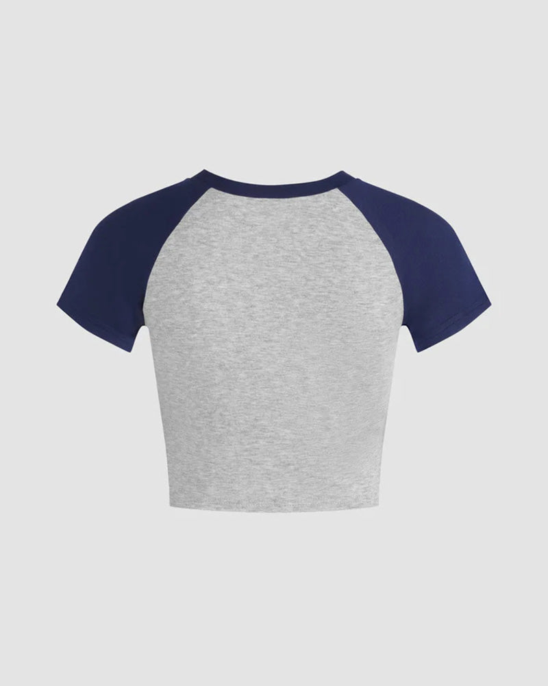 Colorblock Cotton Lapel Cropped Top