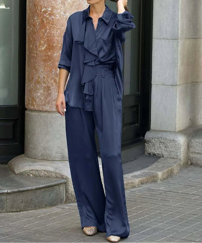 Satin Blue Two-Piece Pants Set with Ruffle Details Main image