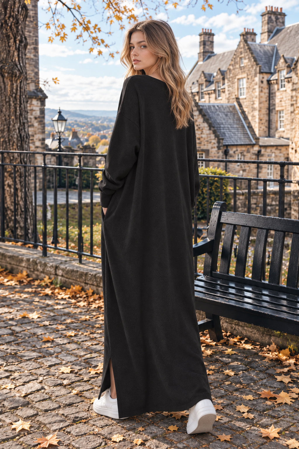 V Neck Swing Dress - Long Sleeve