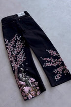 Samurai-Motif Blossom-Detail Wide-Leg Jeans with Embroidery