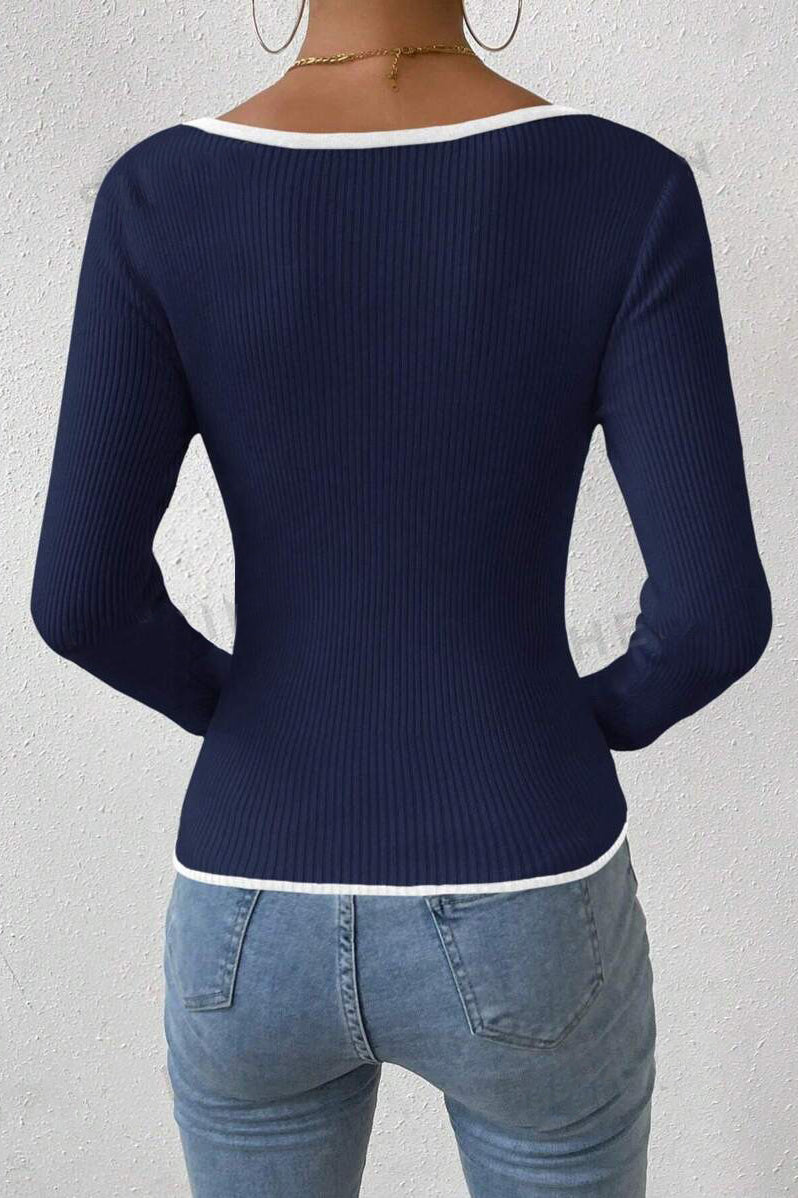 Ribbed Knit Sweater with V-Neckline