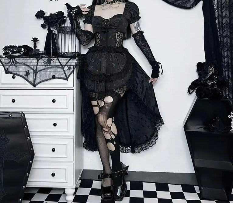Uneven Folded Lace Black Midi Dress black / S