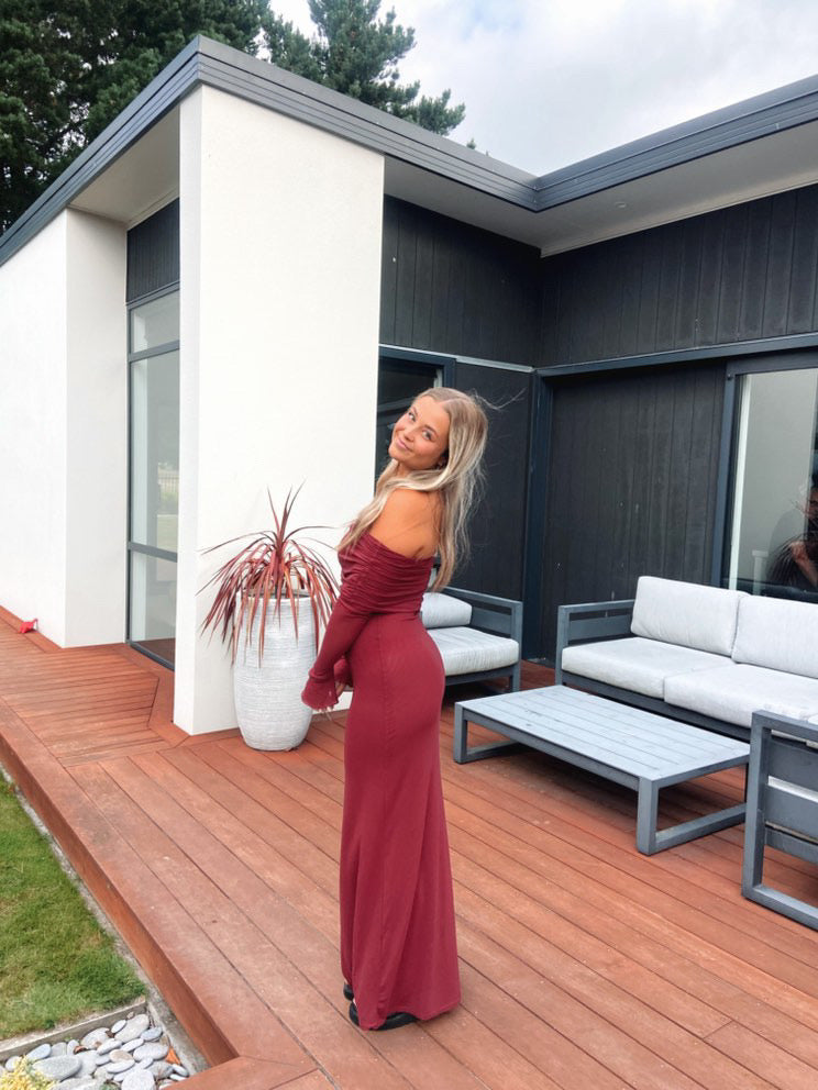 Off-Shoulder Bodycon Maxi Dress with Mesh Layer