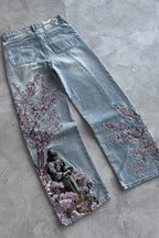 Samurai-Motif Blossom-Detail Wide-Leg Jeans with Embroidery