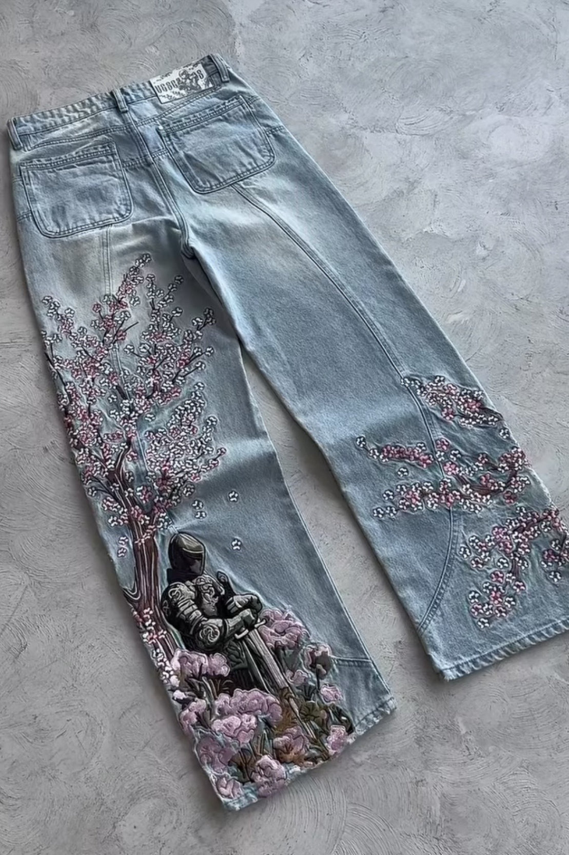 Samurai-Motif Blossom-Detail Wide-Leg Jeans with Embroidery