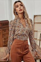 Floral V-Neck Blouse with Sheer Detailing
