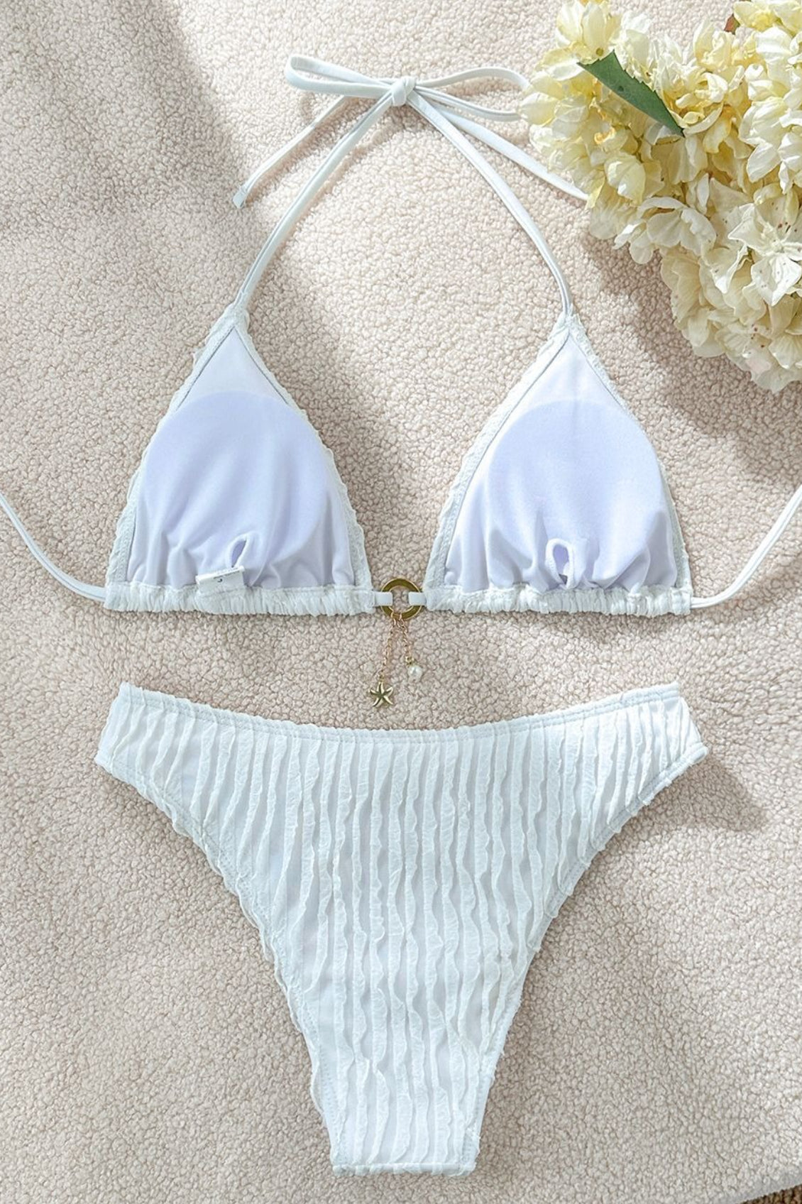 Textured Polyester Bikini Set with Drawstring Detail