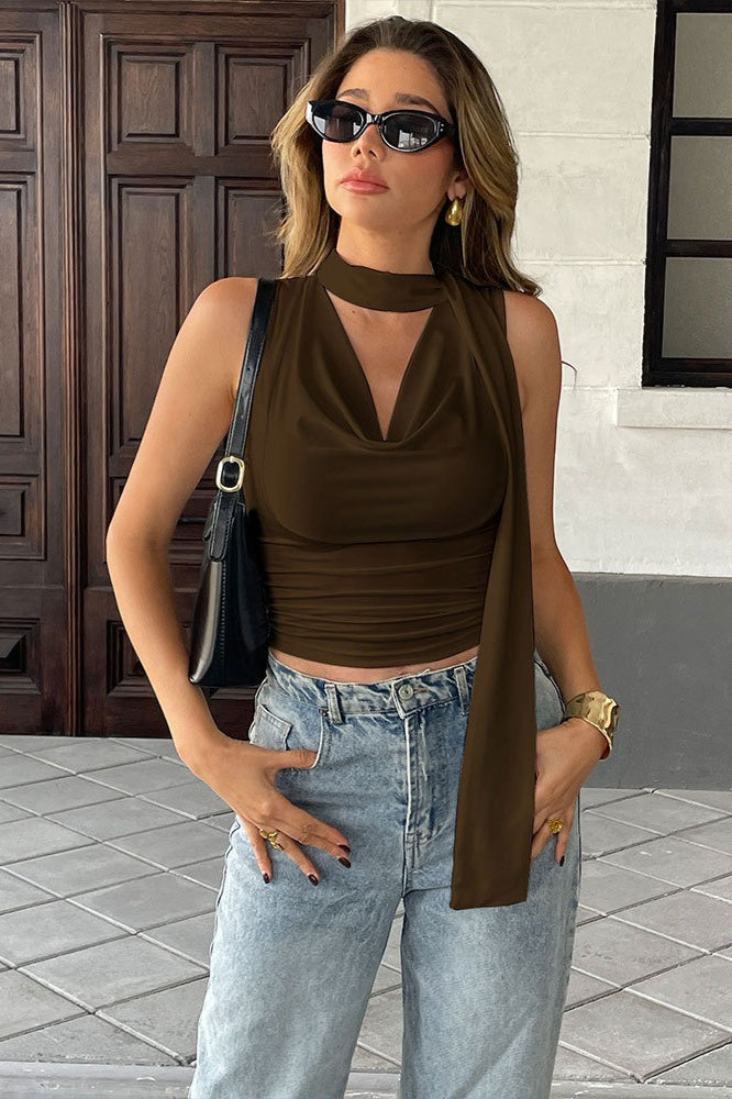 Draped Cinched Strap-Detail Cropped Top