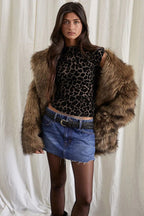 Leopard-Print Vintage-Inspired Cropped Top with Sheer Detailing