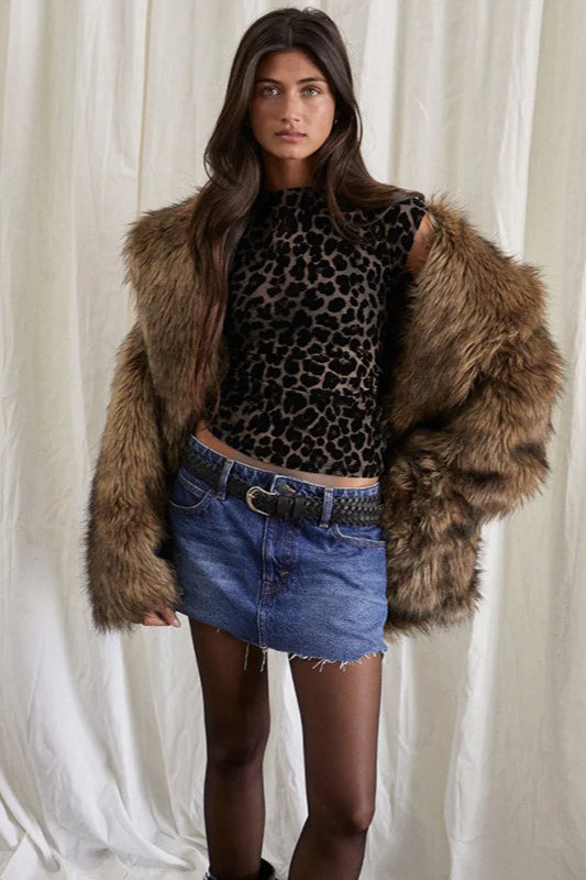 Leopard-Print Vintage-Inspired Cropped Top with Sheer Detailing