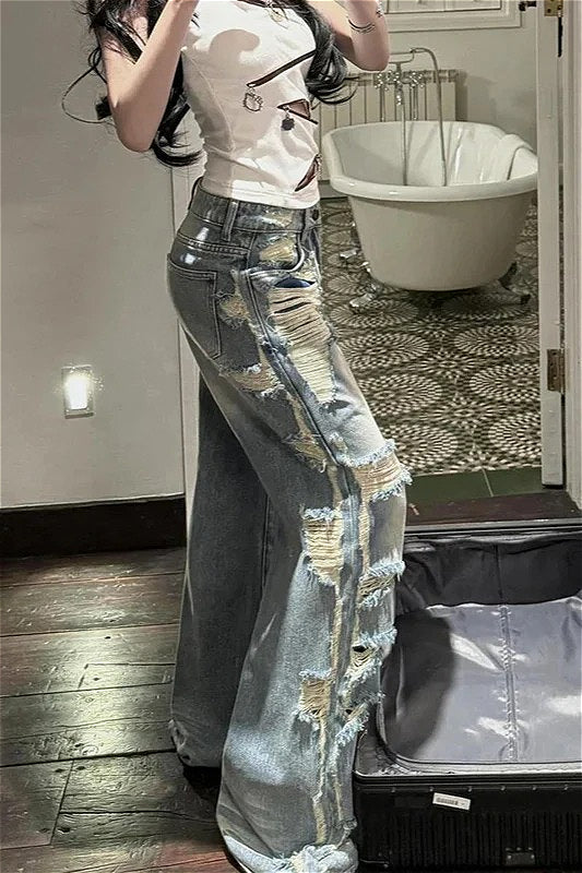 High-Rise Light-Blue Wide-Leg Jeans with Distressed Details