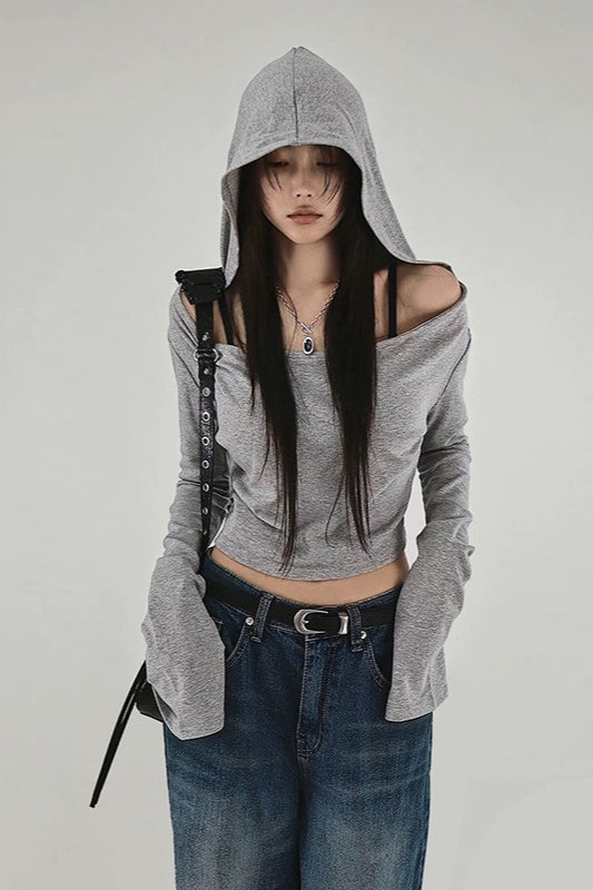 Grey Polyester Off-Shoulder Hoodie Main image