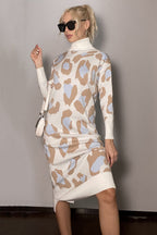 Leopard-Print Maxi Sweater Dress with High Neckline