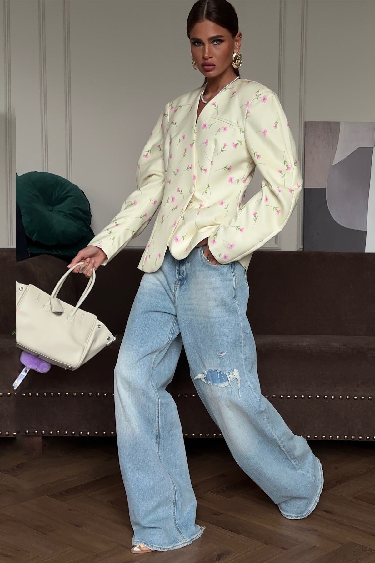 Floral Cotton Coat with V-Neckline