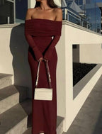 Off-Shoulder Bodycon Maxi Dress with Mesh Layer
