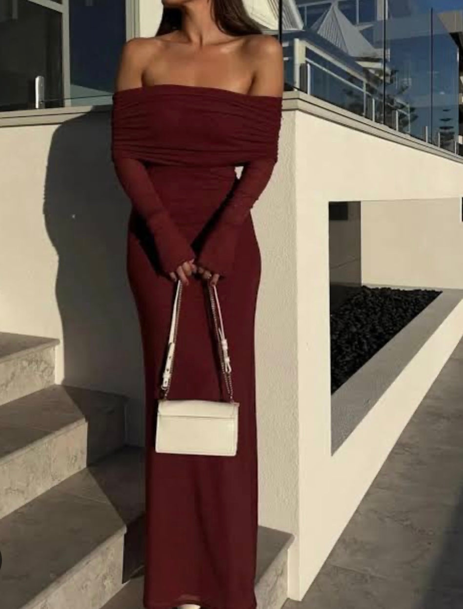 Off-Shoulder Bodycon Maxi Dress with Mesh Layer