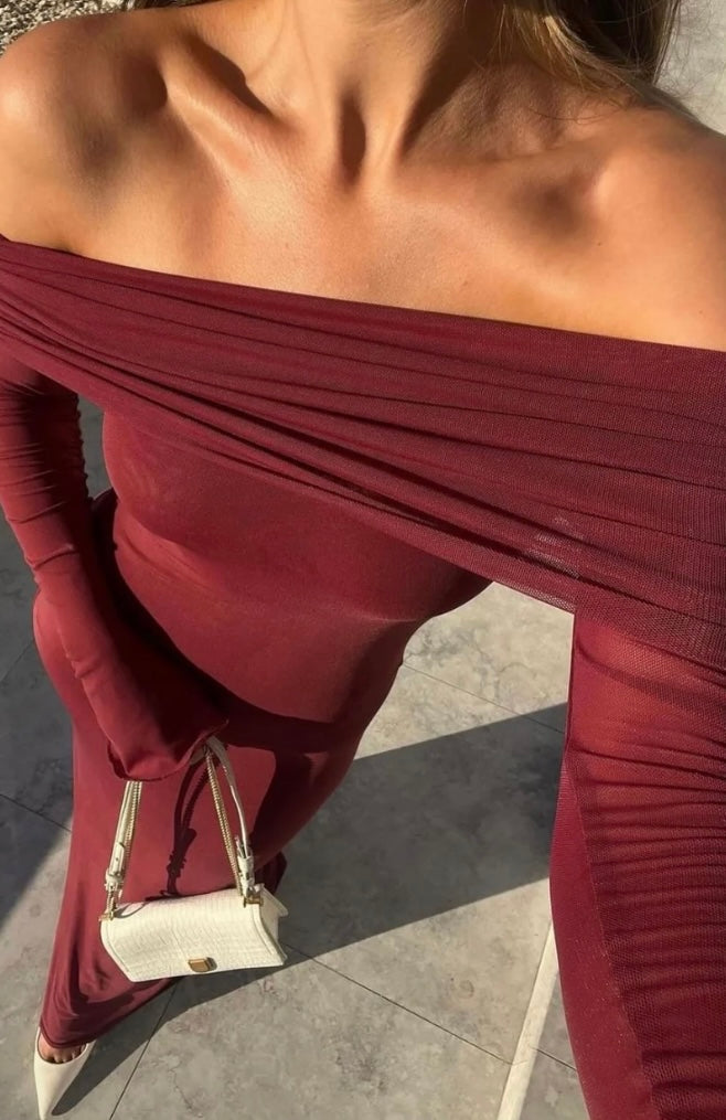 Off-Shoulder Bodycon Maxi Dress with Mesh Layer
