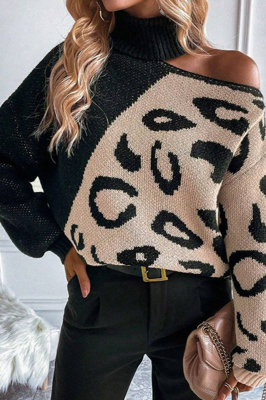 Leopard-Print Off-Shoulder Sweater with Panel Details
