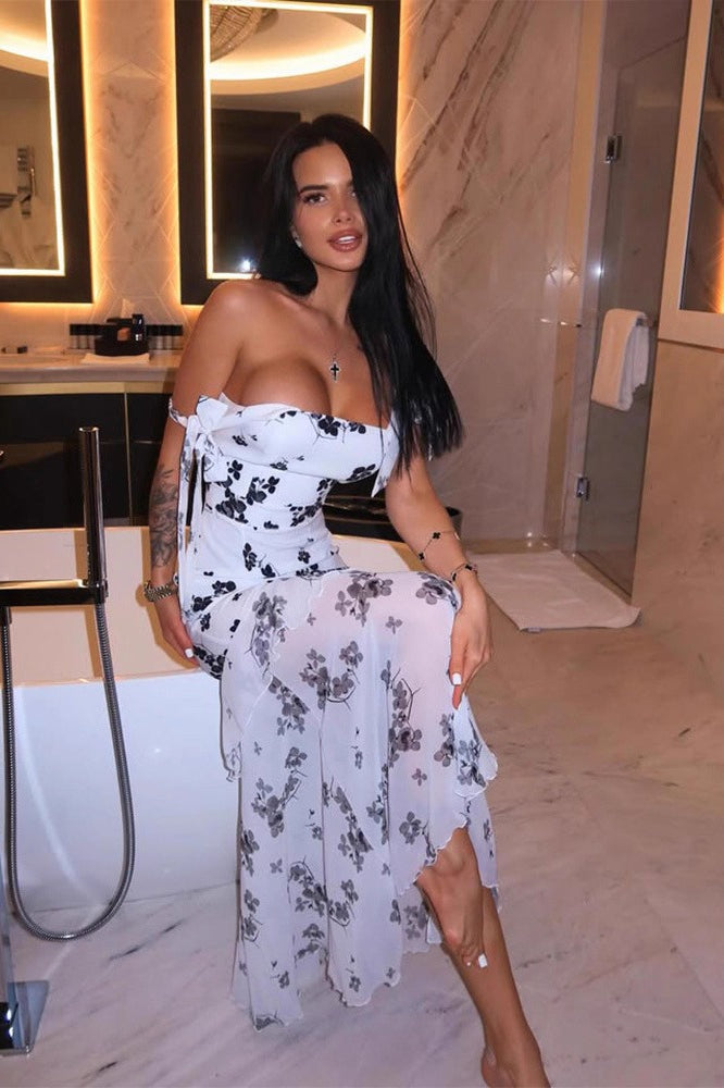 Floral Mesh Maxi Dress with Strapless Neckline