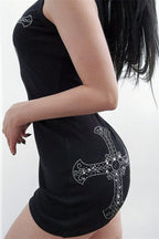 Cross-Detail Gothic Dress with Rhinestone Details