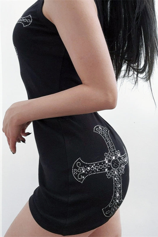 Cross-Detail Gothic Dress with Rhinestone Details