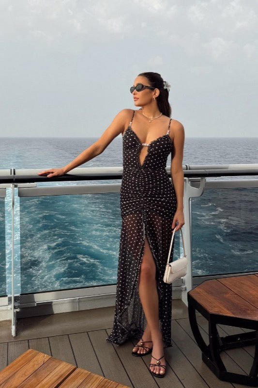 Polka-Dot Lace Maxi Dress with Ruching