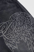 Wing-Graphic Rhinestone-Detail Wide-Leg Jeans
