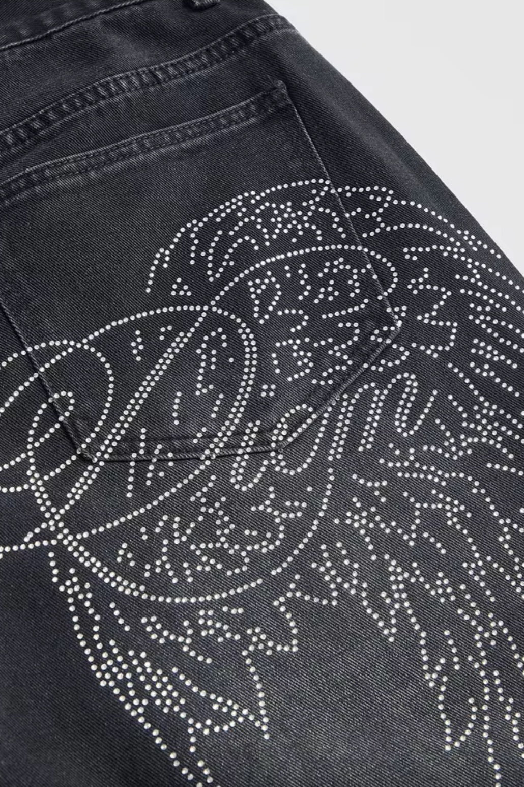 Wing-Graphic Rhinestone-Detail Wide-Leg Jeans