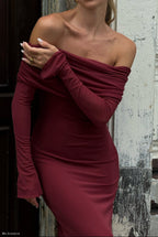Off-Shoulder Bodycon Maxi Dress with Mesh Layer